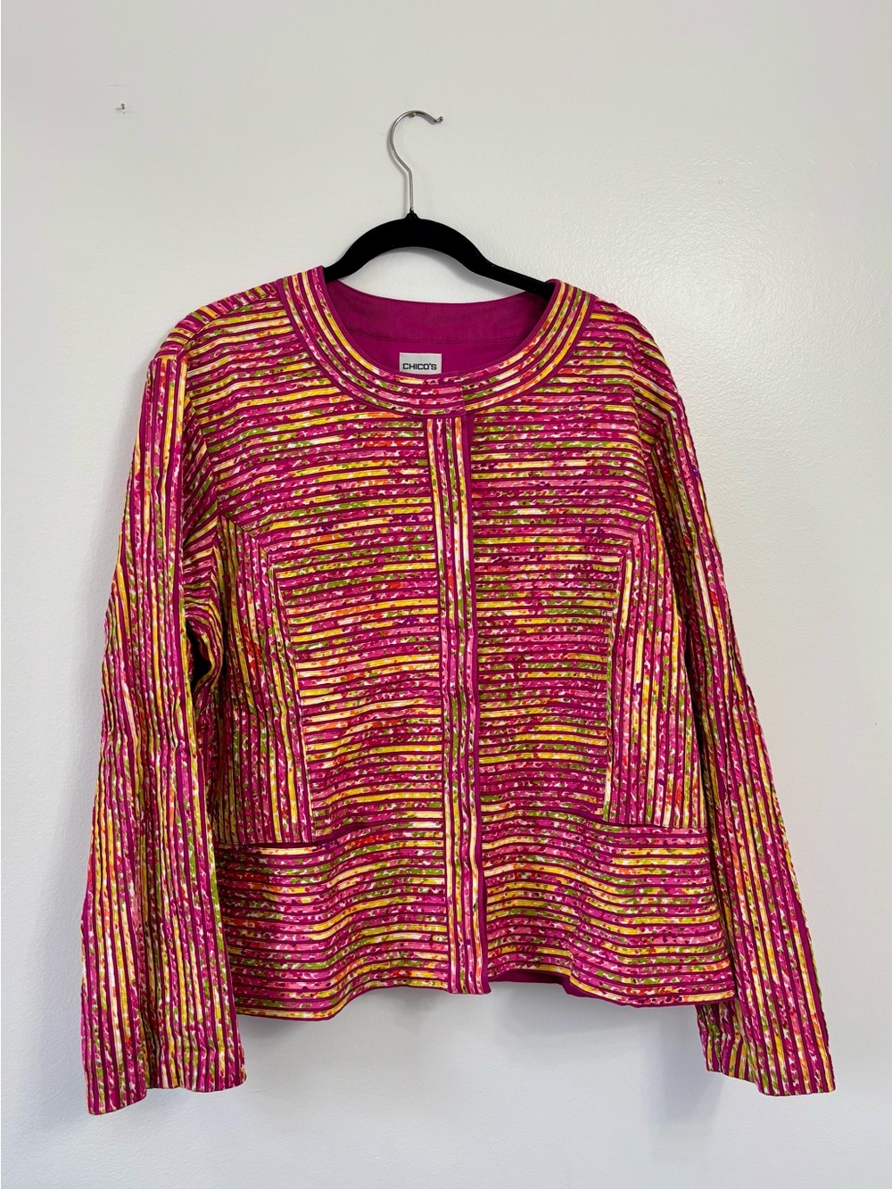 Chico's Fuchsia Pink & Gold Floral Blazer, Size 16